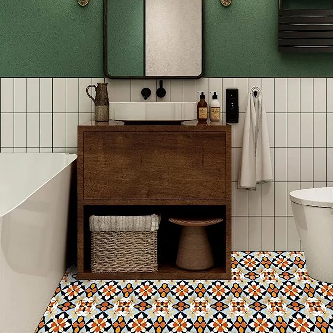 10PCS 12x12 Inch Retro Floral Pattern Peel and Stick Floor Tiles Removable Self Adhesive Vinyl Flooring Stickers for Kitchen Bathroom Living Room Entryway Home Decor