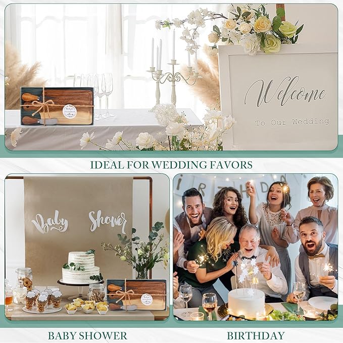 3 Sets Bridal Baby Shower Cheese Prizes Wooden Square Board Gift Set Knives Forks Thank You Tags with Box for Guests for Valentines Bridal Baby Shower Housewarming (Acacia Color)
