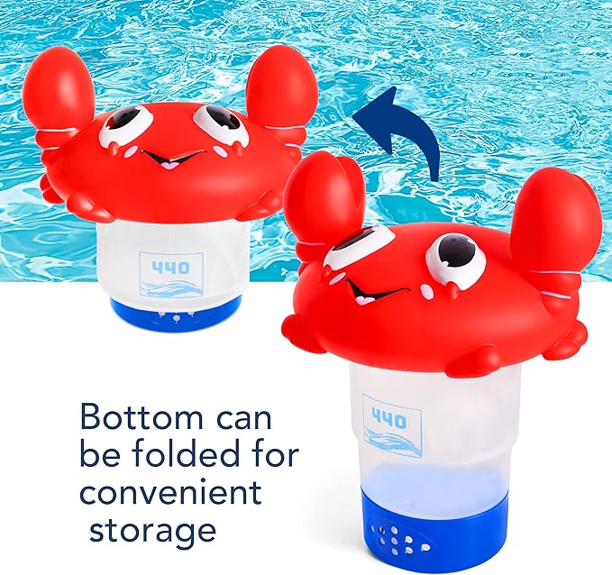 440 Pool Chlorine Floater Dispenser, Fits Up to 3 Pieces of 3-Inch Chlorine Tabs, Adjustable Flow, Control, Heavy-Duty Plastic - Suitable for Small & Large Pools - 8 Ounces | Cartoon Crab