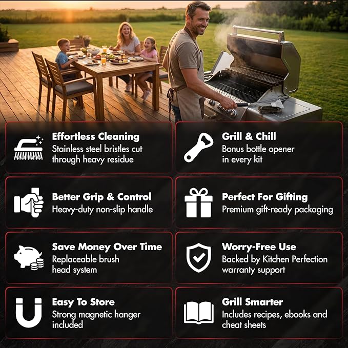 KITCHEN PERFECTION GrillSaver - Safe BBQ Grill Brush with Replaceable Cleaning Head - Heavy-Duty Grill Cleaner with Scraper, Magnetic Hanger, Bottle Opener -Powerful Cleaning Tool for All Grill Grates