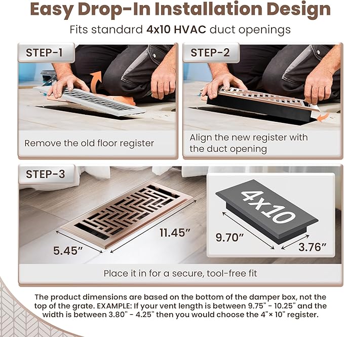 Floor Register 4x10 Vent Cover – 8 Pack – Heavy-Duty Steel, Rustproof & Walkable Grates, Drop-in Install, Adjustable Air Supply Switch - Decorative Herringbone Design, Satin Bronze
