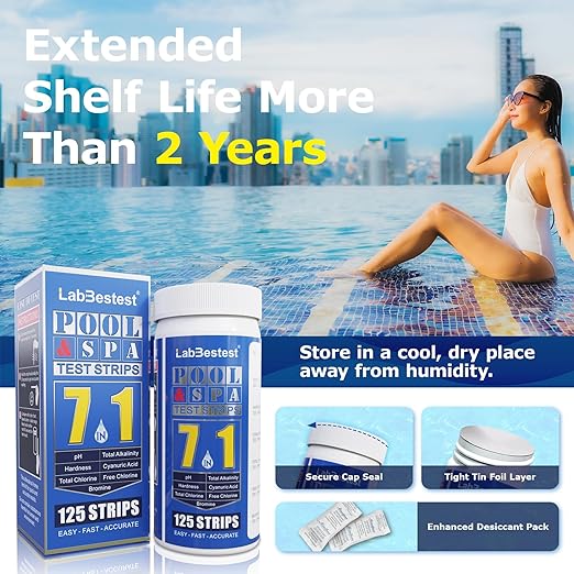 Pool Spa Hot Tub Test Strips - 125 Pool Spa Test Strips - Swimming Pool Water Testing Kit - Rapid Accurate Easy to Test pH, Hardness, Cyanuric Acid, Chlorine, Bromine, and More (7-Way)