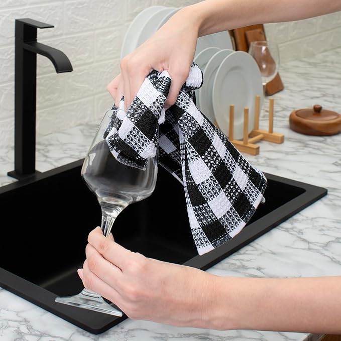 Blue Needles Waffle Weave Check Plaid Kitchen Towels, 15x25 Inches 100% Cotton Set of 4 Dish Towels for Kitchen, Ultra Soft & Absorbent for Quick Drying with Hanging Loop Spring Summer - Black & White