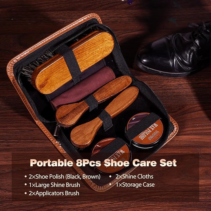 TOPUS Valentines Day Gifts Shoes Polish Kit, 3 Pieces Horsehair Brushes in 6.7in Handle, 1.4oz Black Brown Shoe Polisher