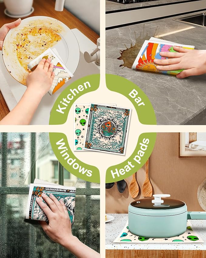 Swedish Dishcloths for Kitchen - 5 Pack Reusable Dish Cloths for Washing Dishes Absorbent Cute Funny Kitchen Towels Cleaning Sponge, Alien