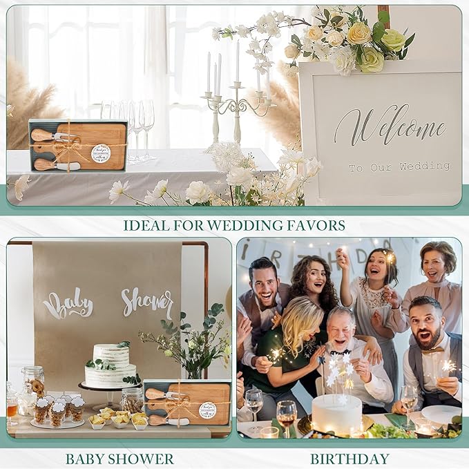 90 Set Bridal Baby Shower Cheese Prizes Wooden Square Board Gift Set Knives Forks Thank You Tag with Box for Guests for Valentines Bridal Baby Shower Housewarming (Acacia Color) (Bamboo Color)