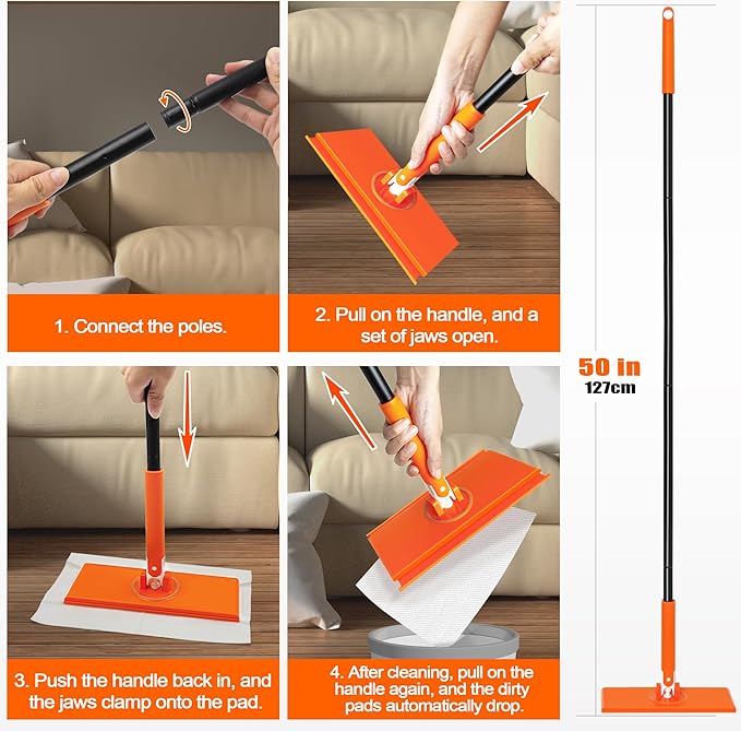 JEHONN Sweeper Mop Compatible with Swiffer Pads, 2-in-1 Starter Kit for Multi Surface Cleaning, Disposable Floor Duster, 10 Dry Sweeping Cloths, 10 Wet Mopping Refills for Kitchen Wall Window