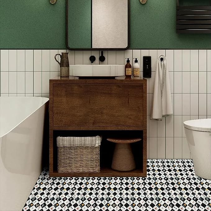 10PCS 12x12 Inch Floral Checkerboard Peel and Stick Floor Tiles Removable Self Adhesive Vinyl Flooring Stickers for Kitchen Entryway Studio Home Decor
