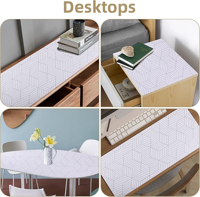 Shelf Liners for Kitchen Cabinets 24in x 20FT, Non Adhesive Cabinet Liner Strong Non-Slip Thickened Silver Geometric Easy to Clean for Shelf, Cabinet, Refrigerator with Knife and Tape Measure