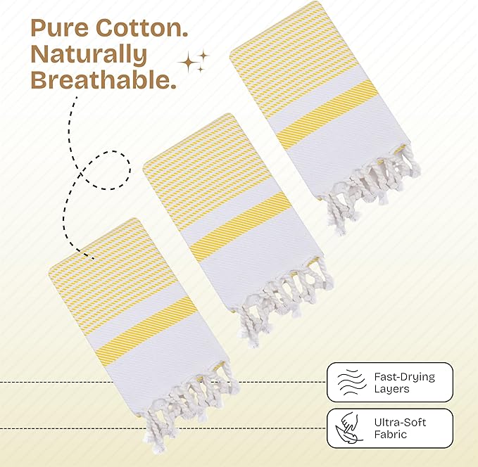 5 Pack Lemon Yellow Turkish Kitchen Towels 16"x26", 100% Cotton, Ultra Absorbent, Soft, Quick Dry, Washable, Dish Tea Towel with Tassels for Drying Dishes, Cleaning, Kitchen Use