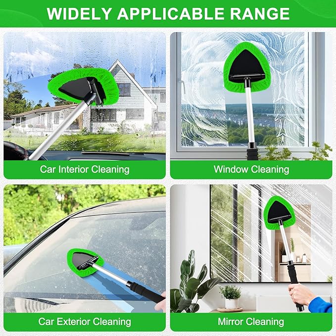 JUSTTOP Windshield Cleaner Tool, Car Interior&Exterior Window Cleaning Tool with Extendable Handle & 4 Reusable Microfiber Pads, Auto Glass Wiper Brush Kit for Cars (Green)