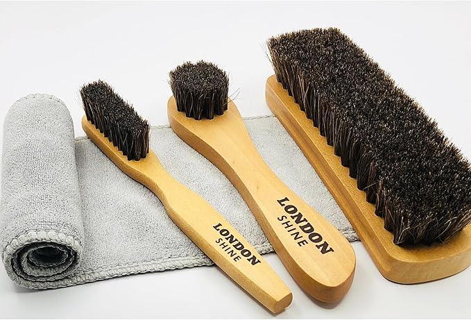 Shoe Brush 4 Pcs Horsehair Shine Shoes Brush Kit Dauber Applicator for Cleaning Leather Shoes Boots Suede Cleaner Brush Buffing Brush with Microfiber Shoe Cleaning Cloth Premium Shoe Polish Kit.