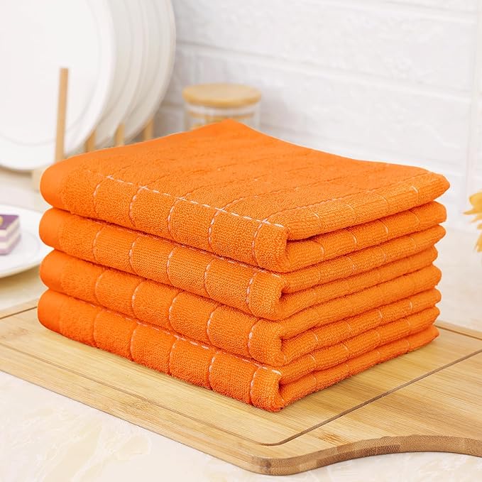 Homaxy 100% Cotton Terry Kitchen Towels(Orange, 13 x 28 inches), Checkered Designed, Soft and Super Absorbent Dish Towels, 4 Pack