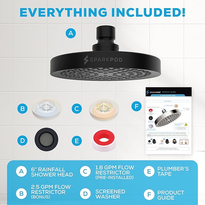 SparkPod Shower Head - High Pressure Rain - Premium Quality Luxury Design - 1-Min Install - Easy Clean Adjustable Replacement for Your Bathroom Shower Heads (Midnight Black Matte, 6 Inch Round)