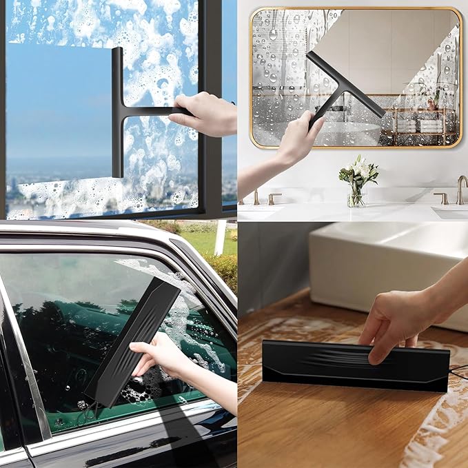 All-Purpose Silicone Shower Squeegee for Glass Doors with Built-in Hook | Streak-Free Cleaning for Bathroom, Windows, Mirrors, Tile Walls & Car Glass | Rust-Proof Stainless Steel Core
