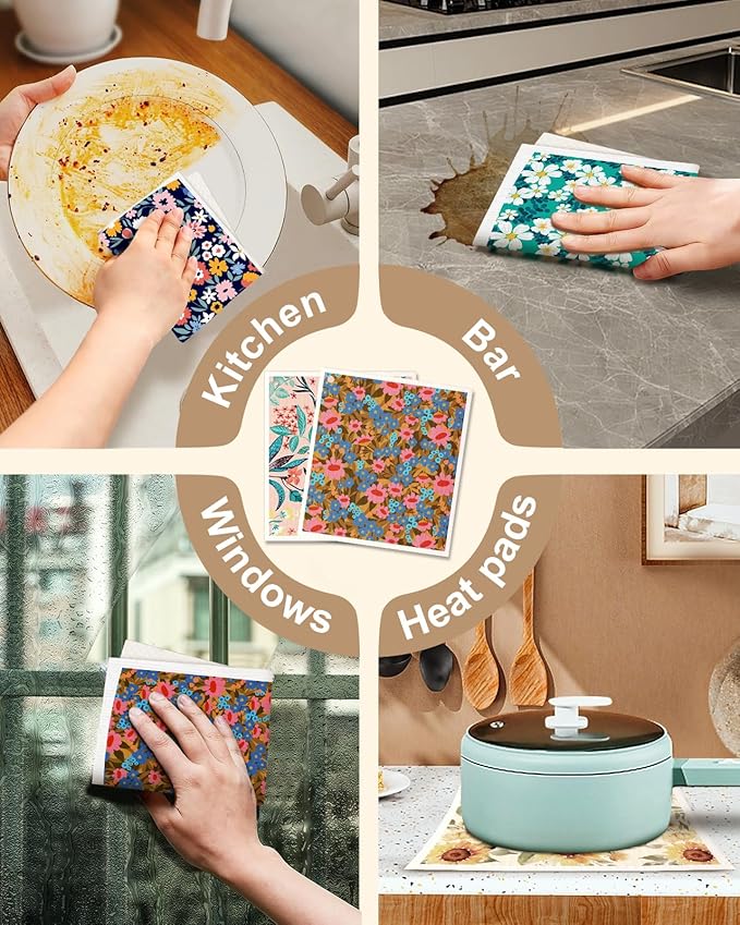 Swedish Dishcloths for Kitchen with Hooks - Reusable Dish Cloths for Washing Dishes Fast Drying Cute Fun 5 Pack Swedish Dish Towels Washable Cleaning Sponge, Color Floral Cluster