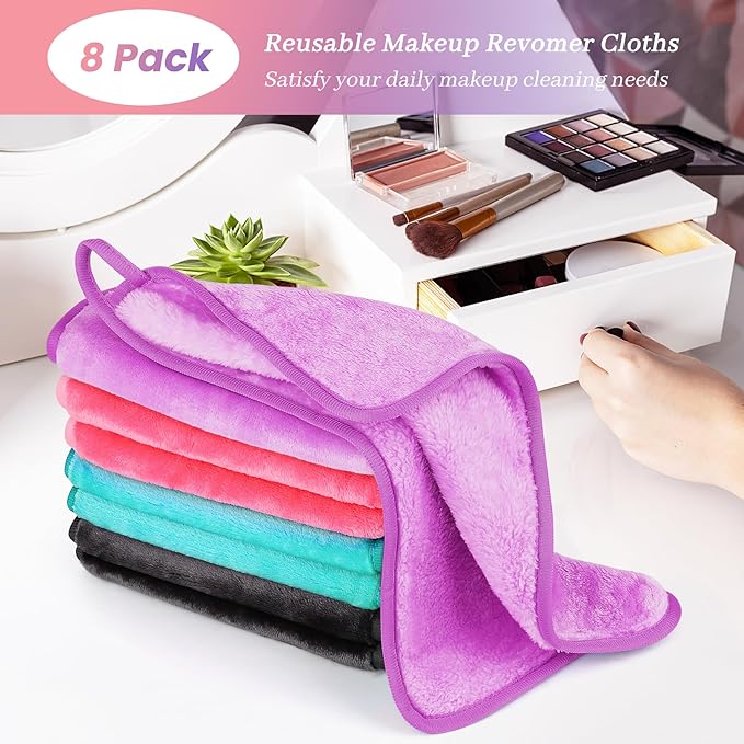 8 Pack Makeup Remover Cloth,13x7 Inch Reusable Makeup Remover Towels, Ultra Soft Microfiber Face Cloth Reusable Facial Washcloths, 4 Colors