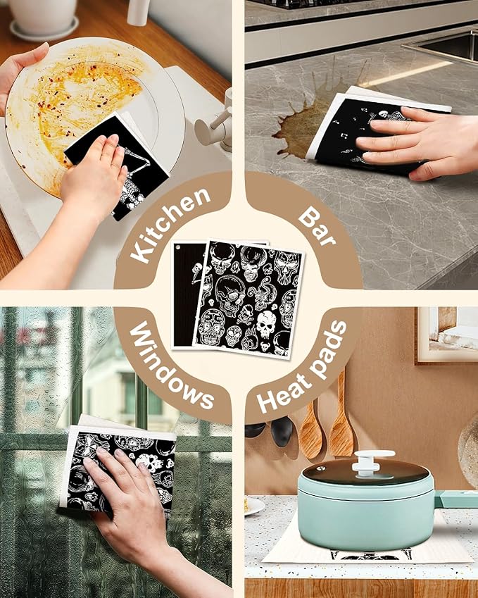 Swedish Dishcloths for Kitchen with Hooks - Reusable Dish Cloths for Washing Dishes Fast Drying Cute Fun 5 Pack Swedish Dish Towels Washable Cleaning Sponge, Dancing Skeleton