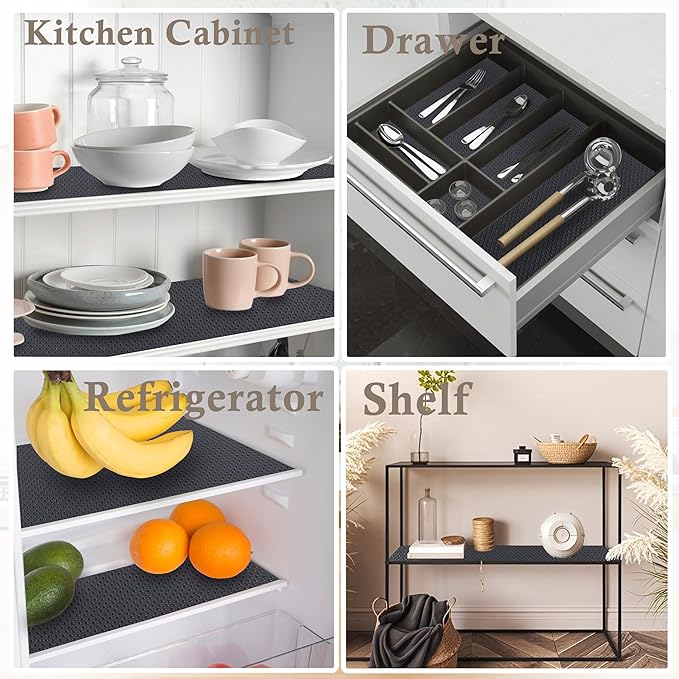 Cabinet Shelf Liner 11 Inch Wide X 20 Ft Non-Slip Kitchen Drawer Liners Waterproof & Oil-Proof Drawer Liners for Cupboard Pantry Non Adhesive Refrigerator Shelf Liner Strong Grip Cabinet Mat (Black)