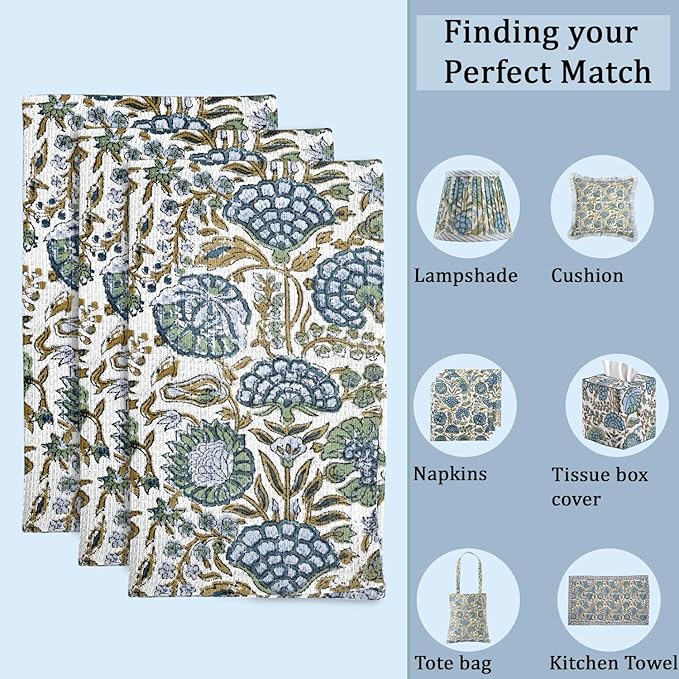 Ridhi Asparagus Green Hand Block Print Cotton Waffle Dish Cloth Set of 12-12x12 Inch Super Absorbent, Soft, Reusable Kitchen Towels for Dish Drying Cleaning, Ideal for Spring, Easter, Valentine