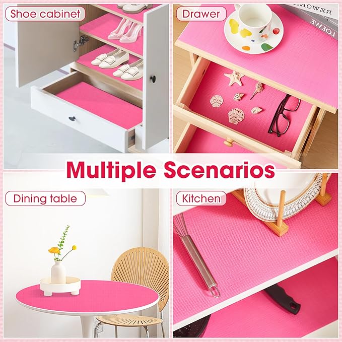 Drawer and Shelf Liner, Non-Slip Kitchen Cabinet Liners Non-Adhesive Thick Strong Grip Waterproof Washable Mats Protect Dresser Shelves Cupboard Bathroom Cabinets, Fuchsia, 18 in X 20 FT