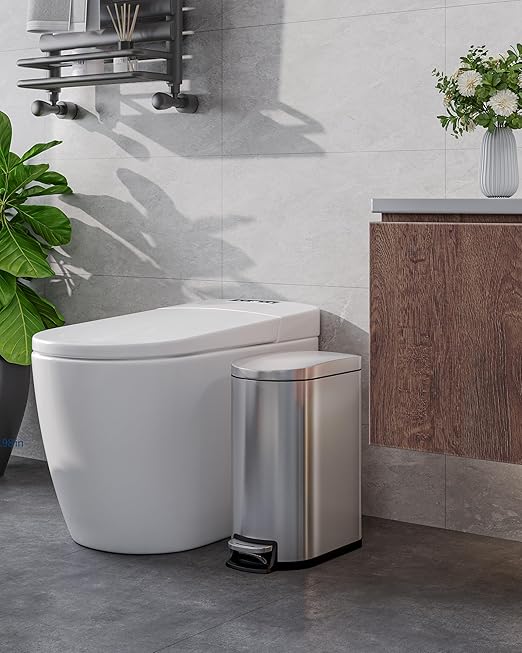 Garvee 2.6 gal / 10 L Stainless Steel Bathroom Trash Can with Lid, Slim Waterproof Garbage Can for Bedroom, Small Step-on Metal Trash Bin with Inner Bucket, Rear Handle, Soft Close Lid, Silver