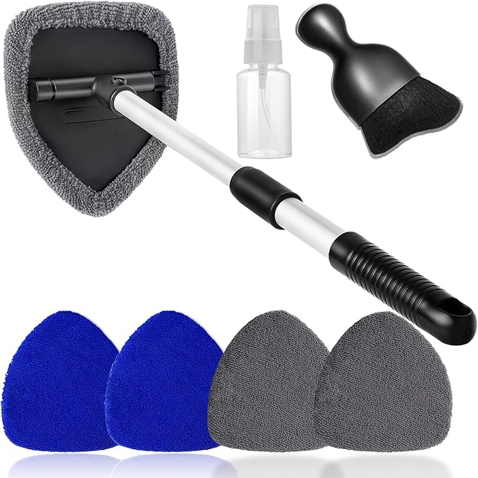 7pcs Windshield Cleaner Tool Car Window Cleaning Wash Kit with 4 Reusable Microfiber Pads 1 Spray Bottle and Extendable Handle Auto Glass Wiper Kit, Blue&Gray