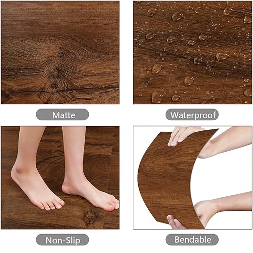 Yenhome 12"x12" Peel and Stick Floor Tile Waterproof Bathroom Kitchen Peel and Stick Flooring Self Adhesive Vinyl Floor Tiles Renter Friendly Temporary Flooring for Renters Brown (35 Plank, 35sq.Ft)
