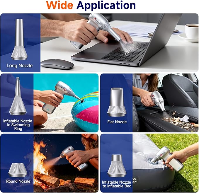 Cordless Electric Air Duster 125,000 RPM - Rechargeable Compressed Air Blower for PC, Keyboard, Electronics, Car & Home Cleaning - Includes 5 Nozzle