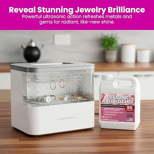 Maplefield Ultrasonic Jewelry Cleaner Solution 32oz – Concentrated Professional Jewelry Cleaning Formula for Ultrasonic Machines, Safely Removes Dirt, Grime & Tarnish from Gold, Silver & Gemstones