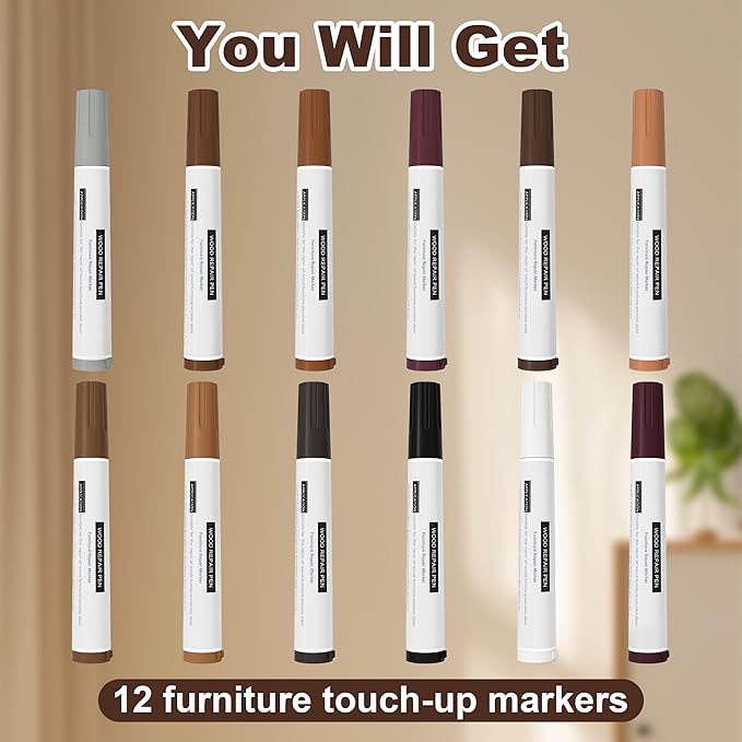 Oriflame Wood Furniture Markers Touch Up: 12-Color Wood Stain Pens Repair for Scratches/Stains in Floors/Table/Cabinets/Desks/Bedposts/Door(Hardwood/Laminate)
