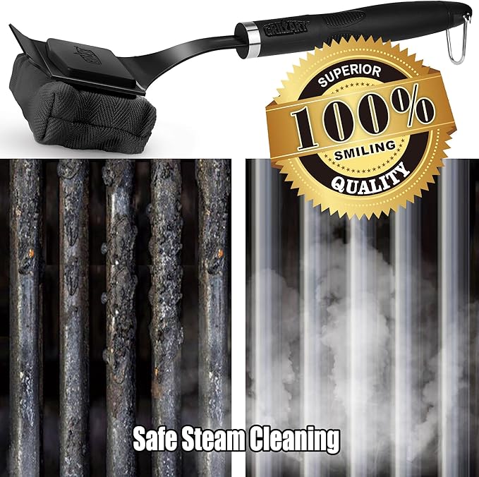 GRILLART Grill Brush Bristle Free - Safe 17" Long Handle with Built-In Solid Scraper - Steam Clean Stubborn Grease Replaceable Head - Reinforced BBQ Accessories for All Grate Types - Gifts for Men Dad