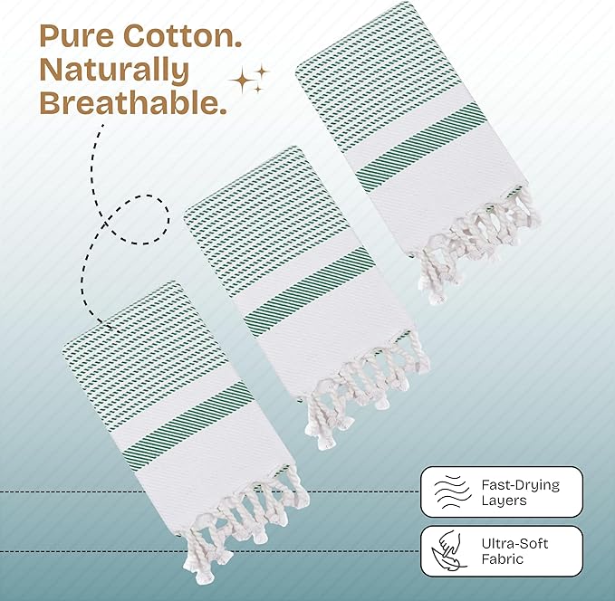 Turquiose Green Turkish Kitchen Towels 16"x26", 5 Pack, 100% Cotton, Ultra Absorbent, Soft, Fast Dry, Machine Washable, Dish Towel with Tassels for Drying Dishes, Cleaning, Wiping