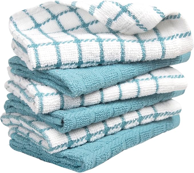 Bumble Premium Cotton Dish Cloths 12" x 12"| Aqua Design | 405 GSM | Highly Absorbent & Soft Dish Towels | 100% Natural Ring Spun Cotton Kitchen Towel Set - 6 Pack