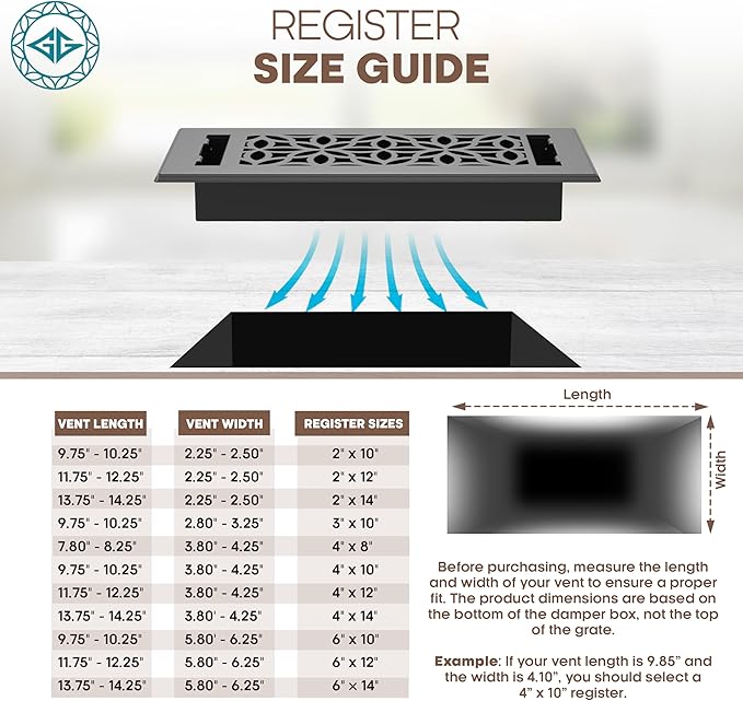Floor Register 4x10 Vent Cover – 2 Pack – Heavy-Duty Steel, Rustproof & Walkable Grates, Drop-in Install, Adjustable Air Supply Switch - Decorative Floral Design, Textured Black