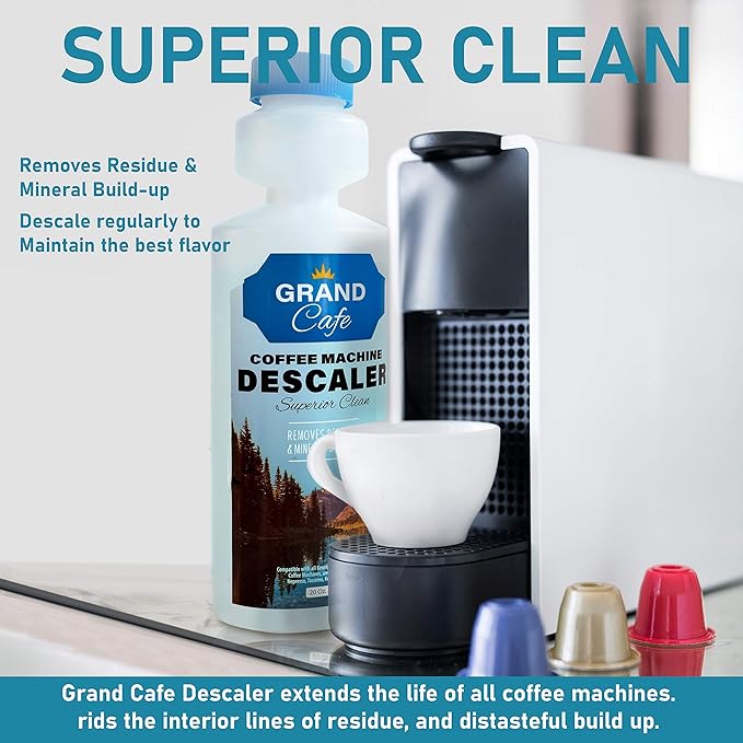 Grand Cafe Universal Descaling Solution - Coffee Maker Descaler and Cleaner for Keurig, Nespresso, DeLonghi & Single-Serve Espresso Machines - Perfect Measure Bottle (20 oz, 5 uses per bottle)