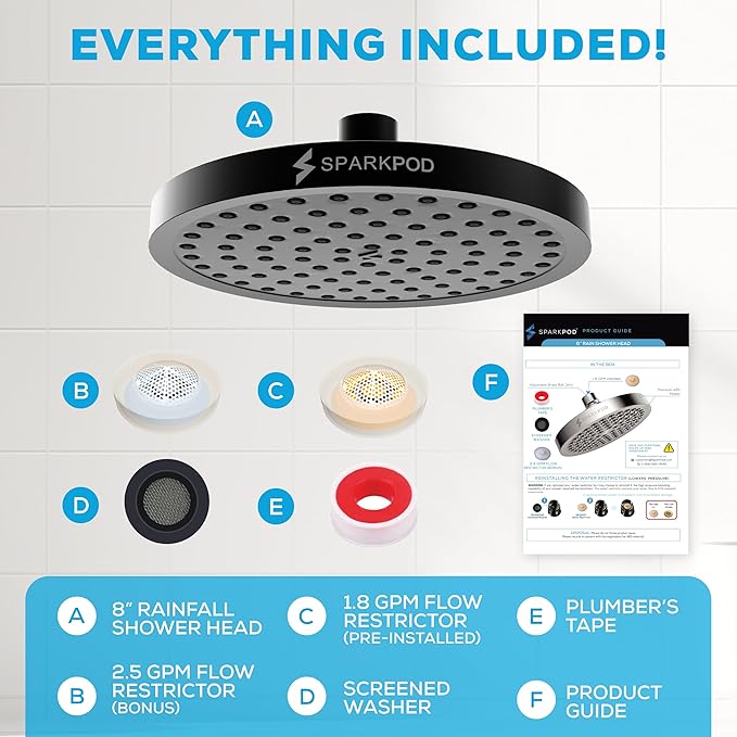 SparkPod Shower Head - High Pressure Rain - Premium Quality Luxury Design - 1-Min Install - Easy Clean Adjustable Replacement for Your Bathroom Shower Heads (Midnight Black Matte, 8 Inch Round)