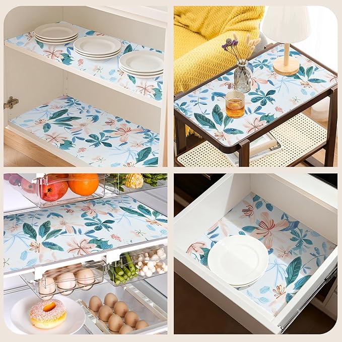 Shelf Liners for Kitchen Cabinets 12in x 10FT, Non Adhesive Drawer Liner Colored Flowers Thickened Shelf Liner Non-Slip Easy to Clean for Tool Box Refrigerator with Knife and Tape Measure
