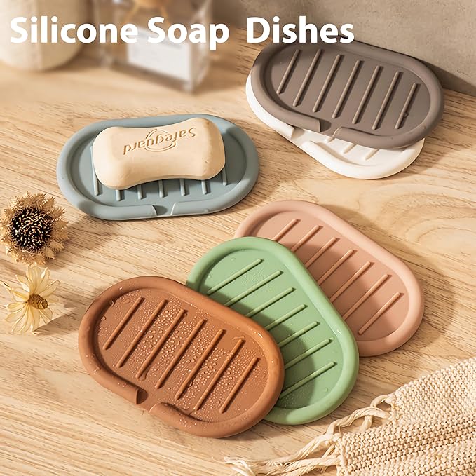 Self-Draining Oval-Shaped Silicone Soap Dish, Soap Holder/Tray/Saver for Shower, Bathroom, Kitchen, Keep Soap Dry, Easy to Clean (3, Dark Color)