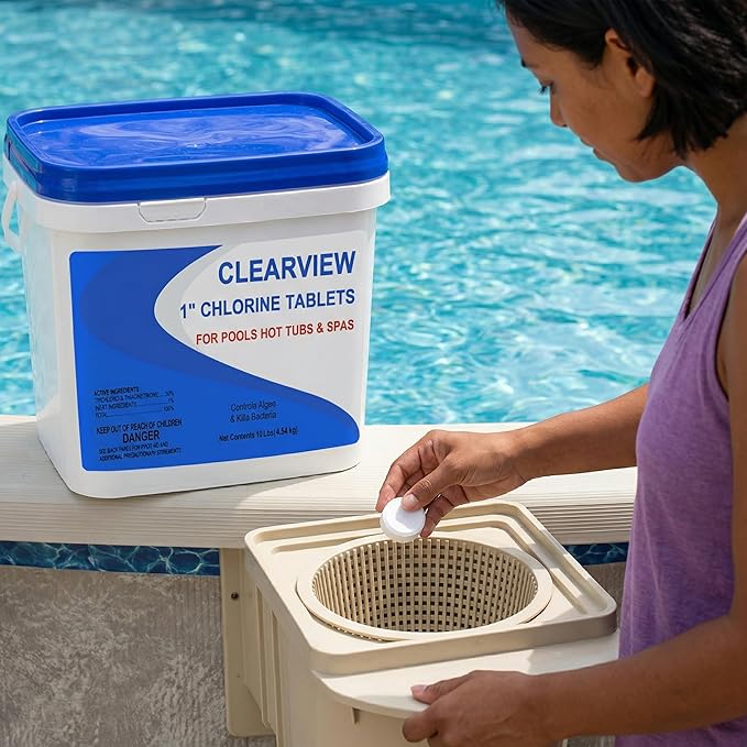 ClearView Chlorine Tablets 1 Inch 10 Lbs for Swimming Pools, 1" Chlorinating Tablets for Spa Hot Tub Chemicals Pool Chlorinating Sanitizer, Kills Bacteria Controls Algae