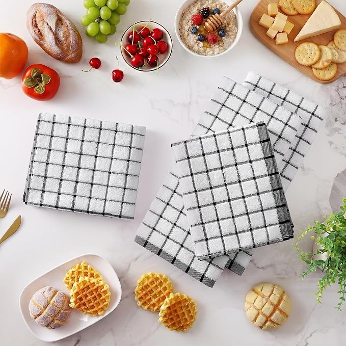 Homaxy Premium Kitchen Towels(16”x 28”, 8 Pack), Large Ring Spun Cotton Dish Towels, Super Absorbent Soft Terry Kitchen Hand Towels, Check Design Tea Towel Set with Hanging Loop, Black