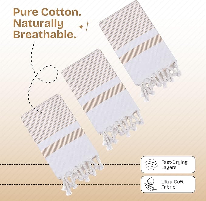 Beige Turkish Kitchen Towels 16x26 Inch, 3 Pack, 100% Cotton, Ultra Absorbent, Soft, Fast Dry, Machine Washable, Dish Towel with Tassels for Drying Dishes, Cleaning, Everyday Use