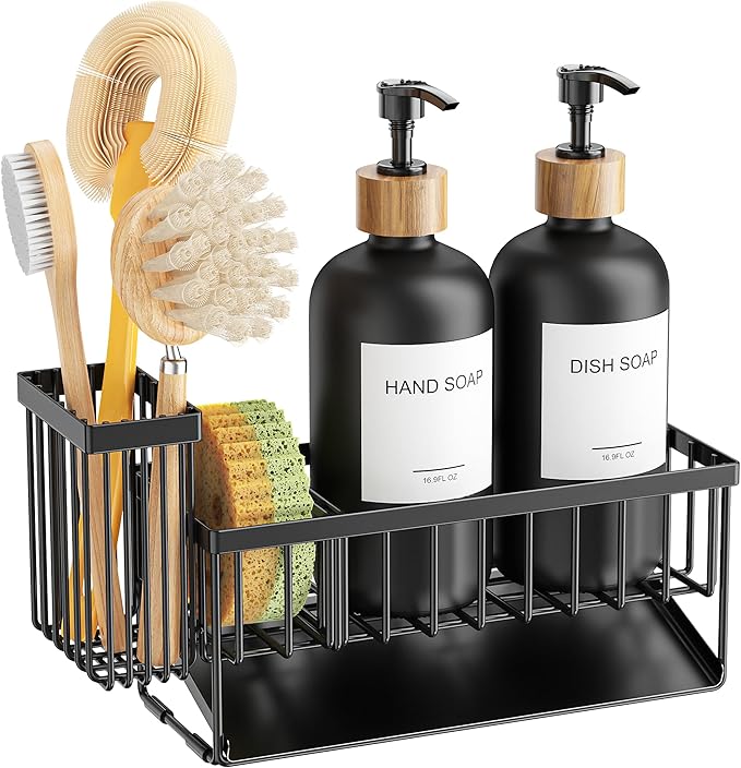Cisily Kitchen Dish Soap Dispenser Set with 2 Pack 16.9oz Black Glass Bottle and Sponge Holder, Dish Soap Dispensers with Adjustable Sponge Holder, Vintage Hand and Dish Soap Dispensers Set
