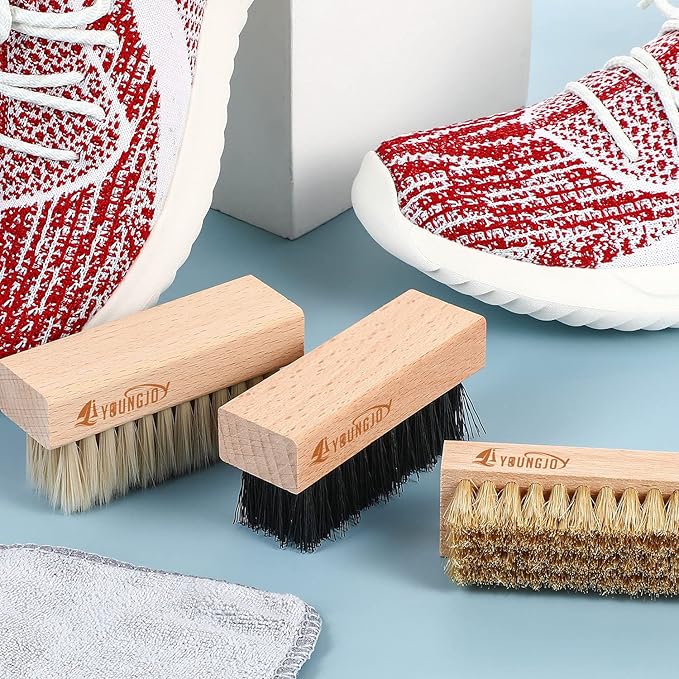 YoungJoy 3 Pieces Dual Sided Sneaker Shoe Cleaner Brush Set Shoes Clean Brush Kit Both Boar and Plastic Bristles with Microfiber Cloth (D)