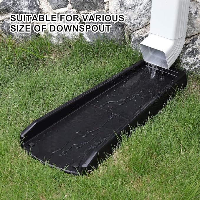 Rain Gutter Downspout Splash Block, Gutter Downspout Extensions for Water Drainage, 24" Gutter Splash Guards Downspout Extender, Fixable Down spout Drain Trays with PE Nails(1 Pack, Black)