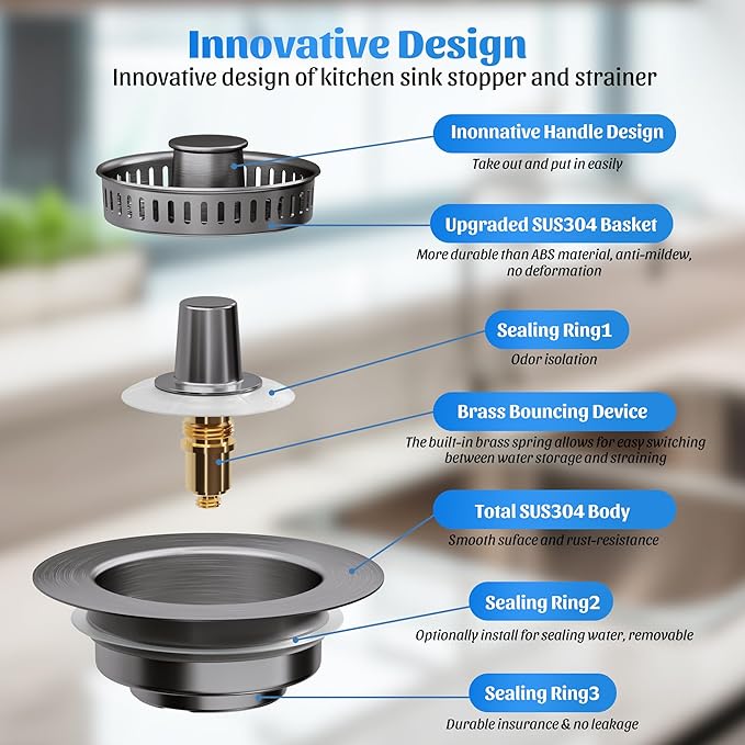NinjaTiger Kitchen Sink Drain Strainer - 3-in-1 Stainless Steel Pop Up Sink Stopper Anti-Clogging Sink Strainer Basket Sink Drainer Filter Plug for US Standard 3-1/2'' Sink Drain | Gunmetal Gray