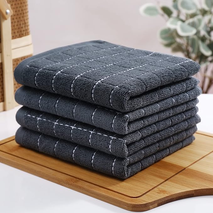 Homaxy 100% Cotton Terry Kitchen Towels(Dark Grey, 13 x 28 inches), Checkered Designed, Soft and Super Absorbent Dish Towels, 18 Pack