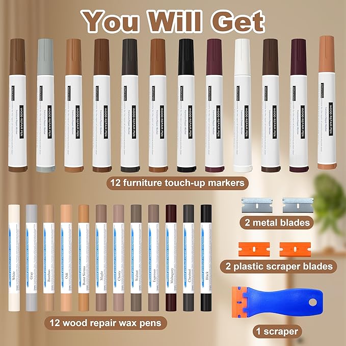 Oriflame Wood Furniture Repair Kit: 12-Color Furniture Markers Touch Up & 12-Color Wood Filler Sticks for Scratches/Stains/Cracks/Holes in Floors/Table/Cabinets/Door(Hardwood/Laminate)