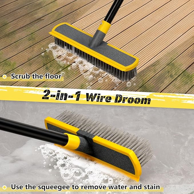 Heavy Duty Broom Wire Floor Scrub Brush with Long Handle, 2 in 1 Scrape and Stainless Steel Bristle Brooms Scrubber for Deck Concrete Patio Outdoor Moss Removal