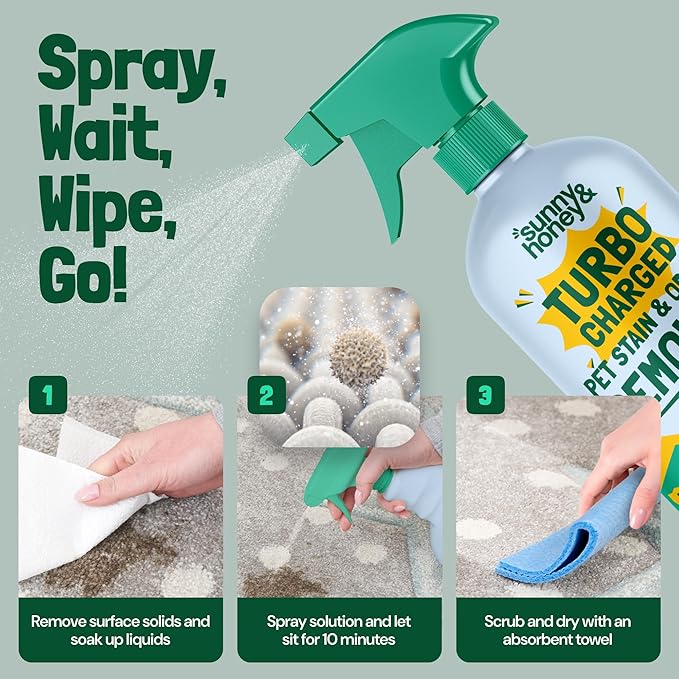 Sunny & Honey Turbo Carpet Cleaner Spray - Carpet Stain Remover with 40% More Enzymes - Pet Urine Enzyme Cleaner & Floor Deodorizer - Pet & Kid Safe Rug Cleaner (32 fl oz, Spring Mint)